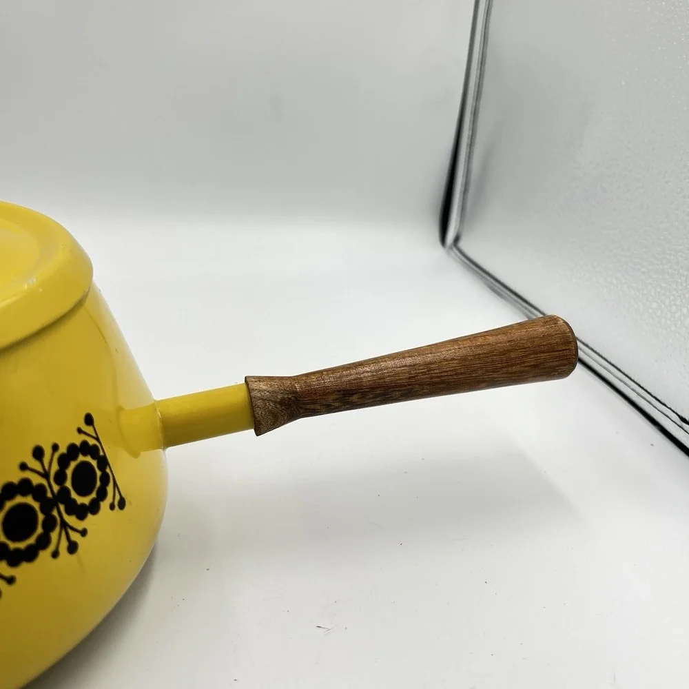 MCM Sauce Pan Pot Mustard Yellow Enamel Lid Wood‎ Handle Japan Vtg
